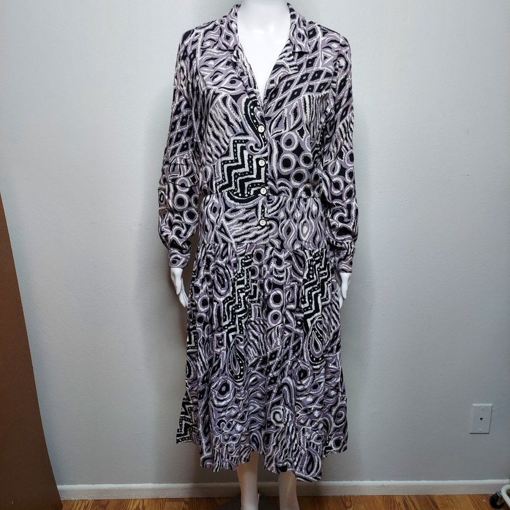 70s Dannys of California Midi Shirt Dress M/L Purple Black Geometric Stains USA